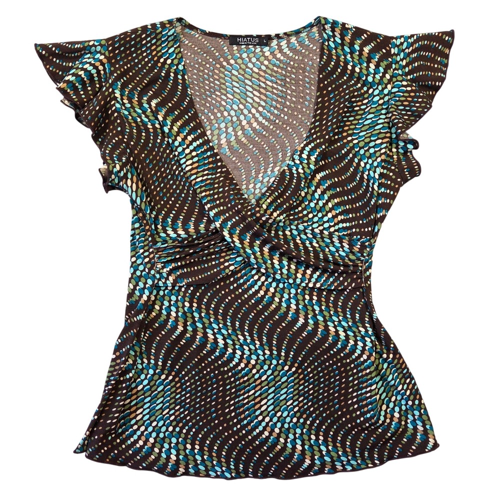 Hiatus Womens Brown Teal Geometric Swirl Dot Flutter Sleeve Surplice Top L Y2k